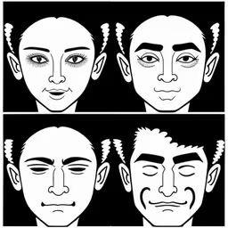 three heads of men, three side by side,three facial expressions of a man