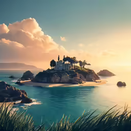 a small island that has a white house on it