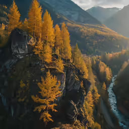 a river flowing between some mountains in a wooded area