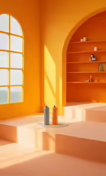 an orange room with open windows and a staircase leading to a well cleaned area