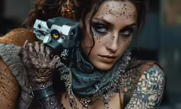 an attractive woman with long dark hair holding a gun in her right hand