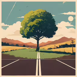 a large tree sitting on top of a road,a poster with a tree, grass and road in the background