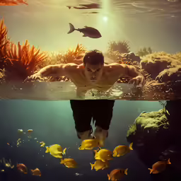 a man dives through the water near fish