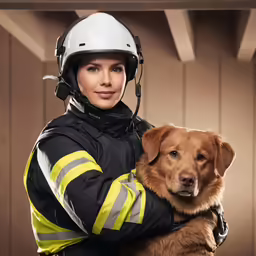 a woman holding her dog in the studio