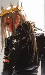 a woman in black jacket with a golden crown on her head
