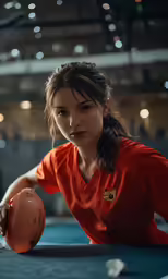 a female football player kneeling holding an orange ball