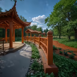 there is a pathway with some orange columns in the distance