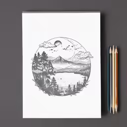 a drawing of mountains and trees is on top of a table