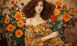 a woman is posing with flowers in the background