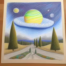 a drawing of a planet and trees on a table