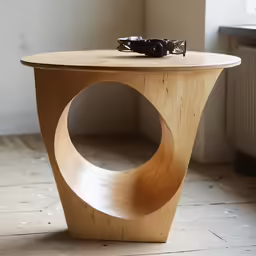 a wooden table has a circular shaped top and a camera on it