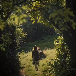 a person walks through the woods in a dark environment