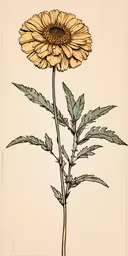 a drawing of a flower with leaves in it,a large yellow flower with lots of green leaves
