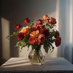 a vase filled with red and orange flowers