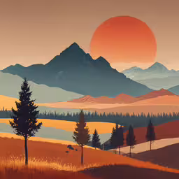 a stylized landscape with trees and mountains at sunset,mountains that appear to be very large, but are surrounded by trees