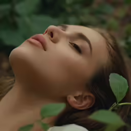 a girl that is laying down with a green leaf
