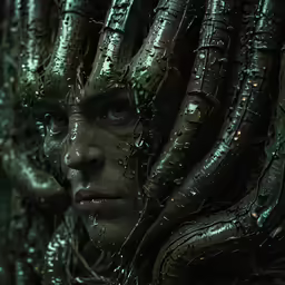 a woman with many large plants on her face