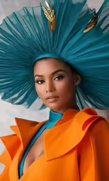 a woman in orange dress and bright blue hat
