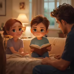 two adults and a young child looking at a cartoon picture