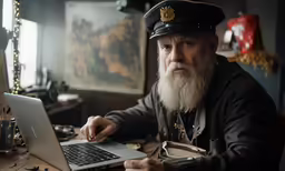a man in a military hat and black uniform using a laptop