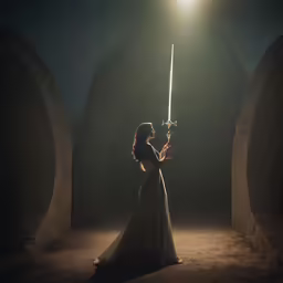 a woman wearing a gown and holding a light saber in a dark tunnel
