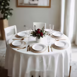 a table with white plates, place settings and gold accents