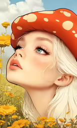 a blonde woman in a red hat with daisies on a field