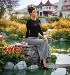 a woman is sitting on a rock near flowers
