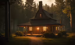a cabin lit up in front of a forest,a small wooden cabin with a porch and windows