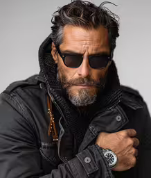 a man with a beard and sunglasses,man with eye glasses staring at the camera