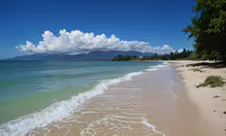 a beach with some blue water and white clouds