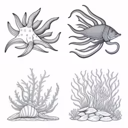 sea animals and corals in black and white