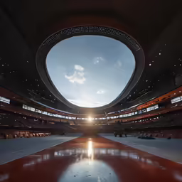 a large indoor space, with empty seats and the bright light from inside