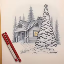 pencil drawing on paper of a tree outside a house,there is a drawing of a house in the snow,a drawing of a snowy home with a lit christmas tree,a pencil drawing of a house with a christmas tree in the driveway,the drawing shows an old house with a christmas tree in front of it
