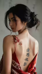 woman in kimono posing with japanese writing on back