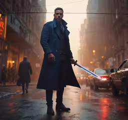 a man wearing a long trench coat holds a sword in a rainy city,a man in a trench coat and hat on a city street with lightsabes
