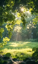 sunlight beams through green leaves in the middle of the forest
