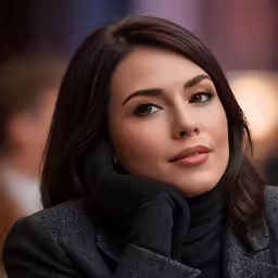 a woman wearing a black coat and black scarf