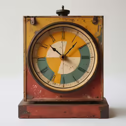 an old clock with roman numerals has a brown box