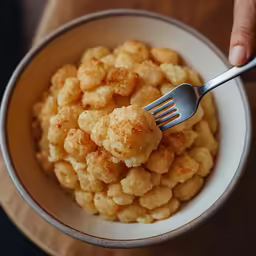 a fork is being held above some small snacks
