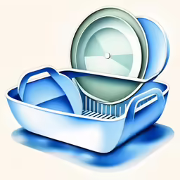 a blue dishwasher in a white tub with dishes inside