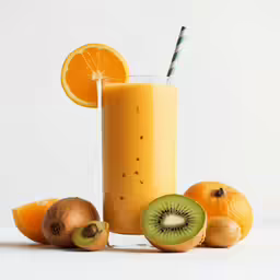 some fruit and drink on a white surface