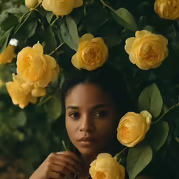 a young lady standing in front of a bush of yellow roses