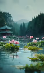 many pink lotuses floating on top of a body of water