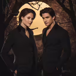 an attractive woman and man standing in front of trees