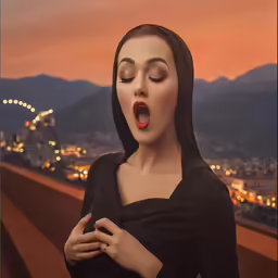 an animated painting shows a woman making the vulcan sign with her mouth