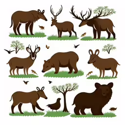 set of wild animals with different silhouettes on a white background,various kinds of wildlife on grass,many different types of animals standing next to each other,this is an image of many wild animals,some animals that are standing in the grass