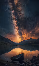 a boat sitting on the shore of a lake under the night sky