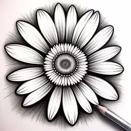 a drawing of a flower with a pencil in the middle,a black and white drawing of a large flower