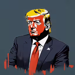 a painting of a man in a suit with red tie and blue background,a red tie and suit with the image of donald